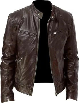 Maiyifu-GJ Men's Faux Leather Jacket Stand Collar Motorcycle Leather Jackets Casual Lightweight Zip Up Biker Coat