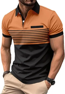 Mens Short Sleeve Striped Polo Shirts Fashion Contrast Color Golf Tops with Chest Striped Decoration