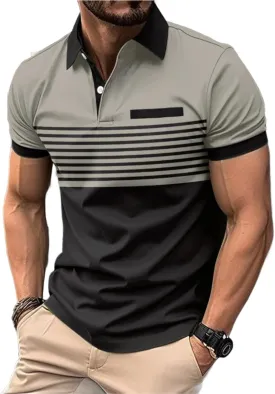 Mens Short Sleeve Striped Polo Shirts Fashion Contrast Color Golf Tops with Chest Striped Decoration