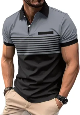 Mens Short Sleeve Striped Polo Shirts Fashion Contrast Color Golf Tops with Chest Striped Decoration