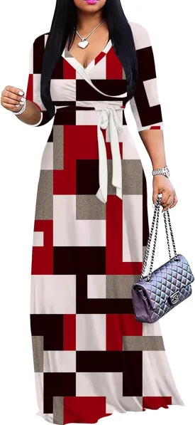Mrskoala Women Plus Size Long Maxi Wrap Dresses Summer Sundress V-Neck 3/4 Sleeve