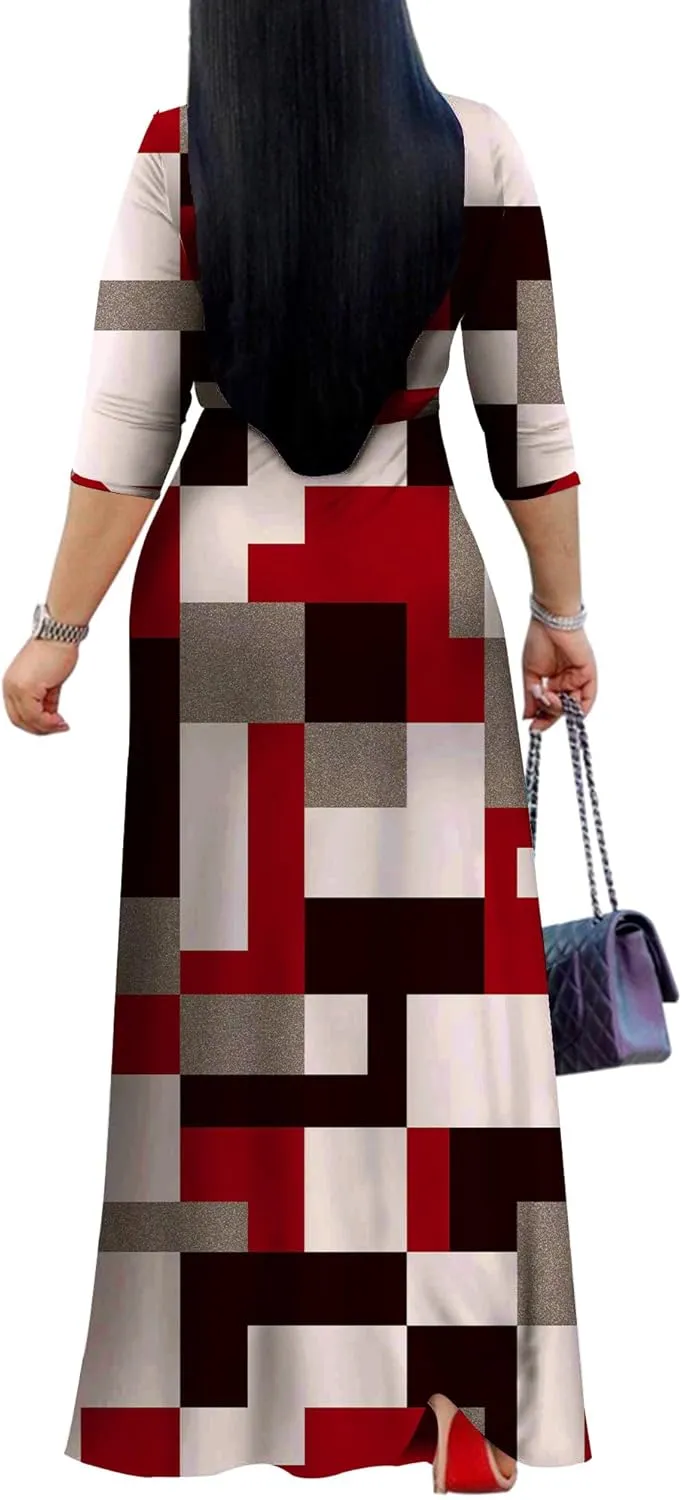 Mrskoala Women Plus Size Long Maxi Wrap Dresses Summer Sundress V-Neck 3/4 Sleeve