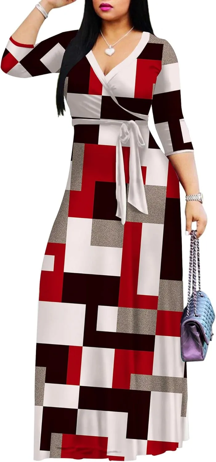 Mrskoala Women Plus Size Long Maxi Wrap Dresses Summer Sundress V-Neck 3/4 Sleeve