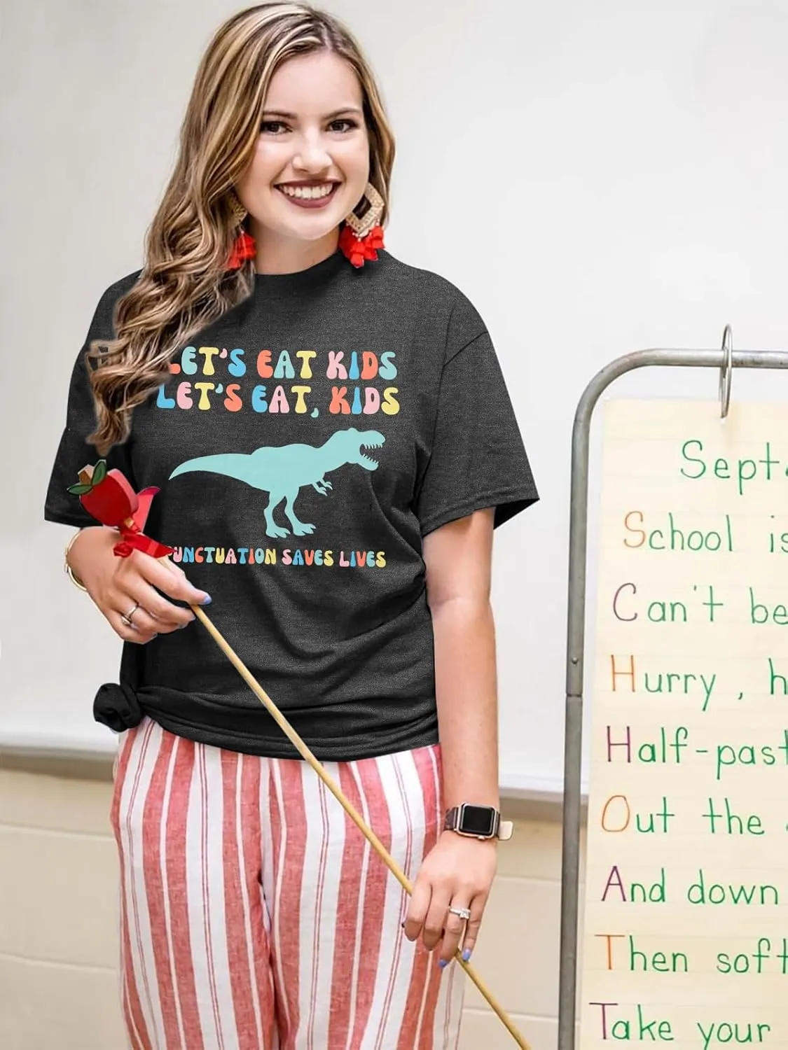 MYHALF Teacher Shirt Women Grammar Tshirt: Funny Dinasour Graphic T Shirt Teacher Gifts Kindergarten Teacher Life Tops