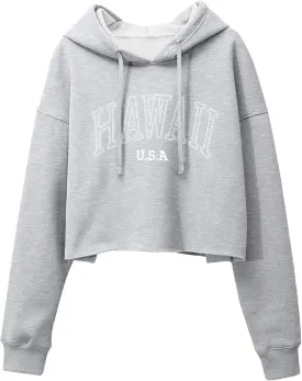 ORANDESIGNE Woman Letter Graphic Print Cropped Hoodie Long Sleeve Crop Fleece Casual Workout Loose Pullover Sweatshirt Tops