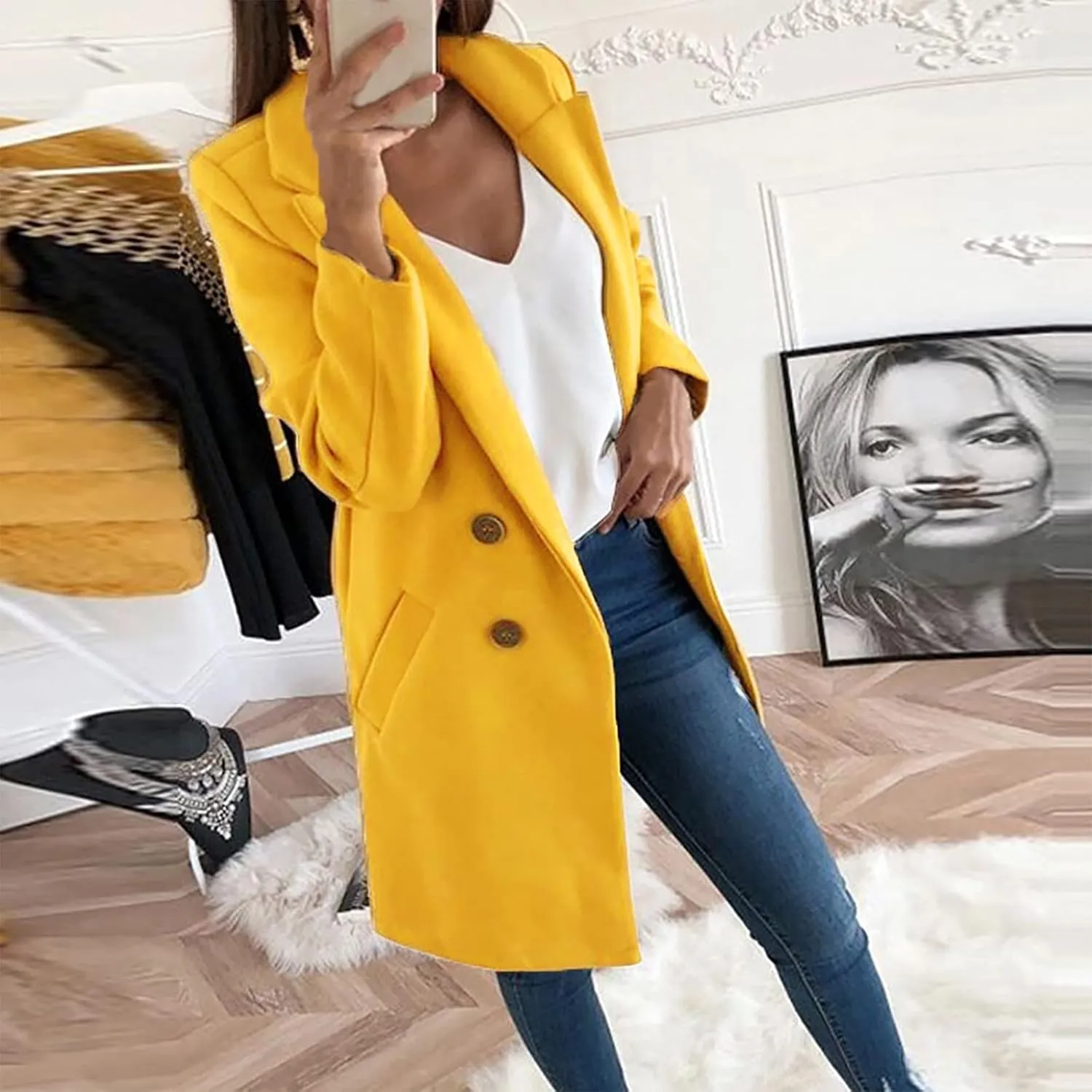 Pea Coats For Women,2024 Trendy Classic Notched Lapel Collar Double Breasted Trench Coat Mid Slim Fit Winter Coats