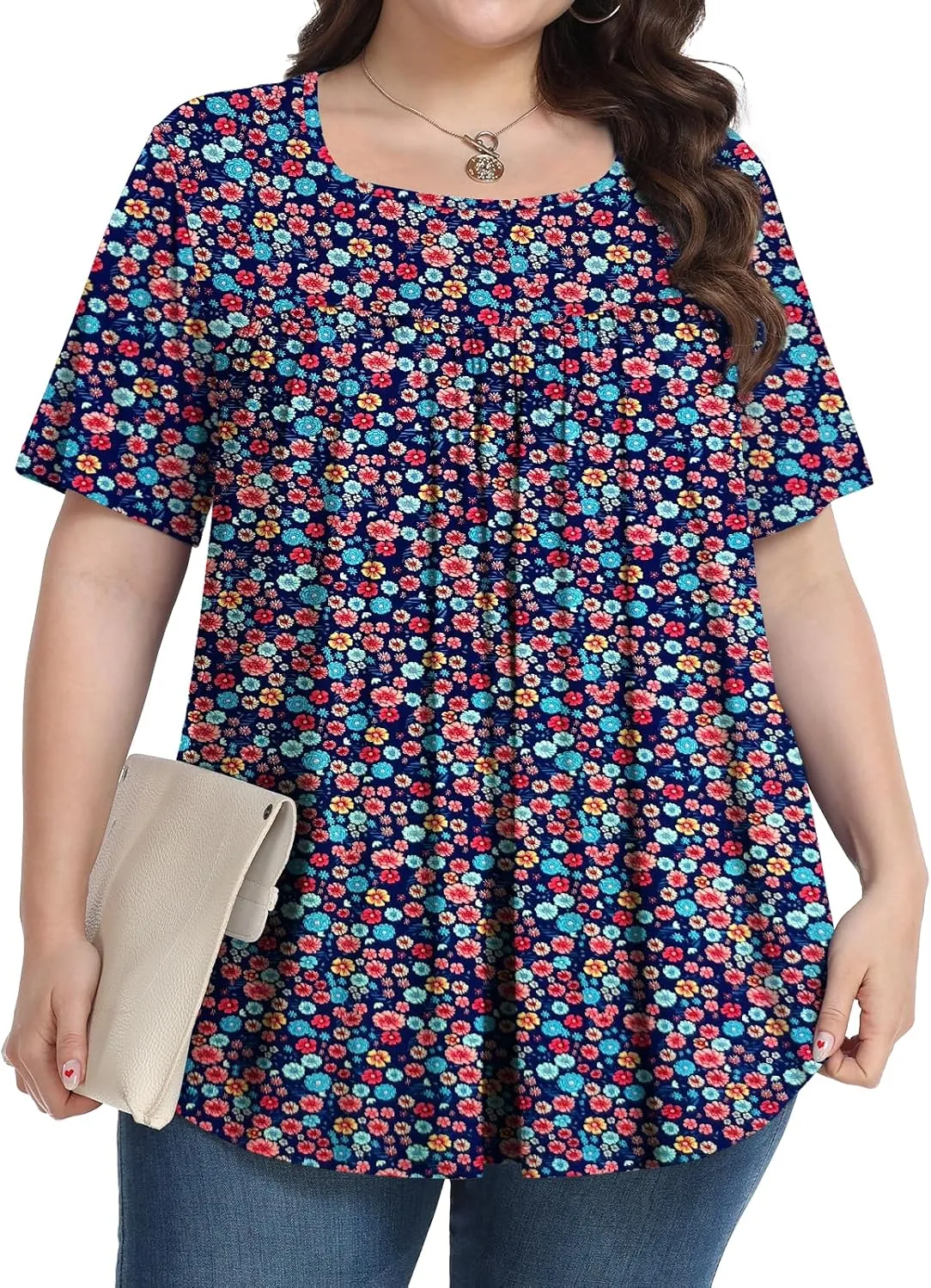 Plus Size Tops for Women Summer 2025 Short Sleeve Shirts Tunics Square Neck Casual Loose Blouses 1X-5X