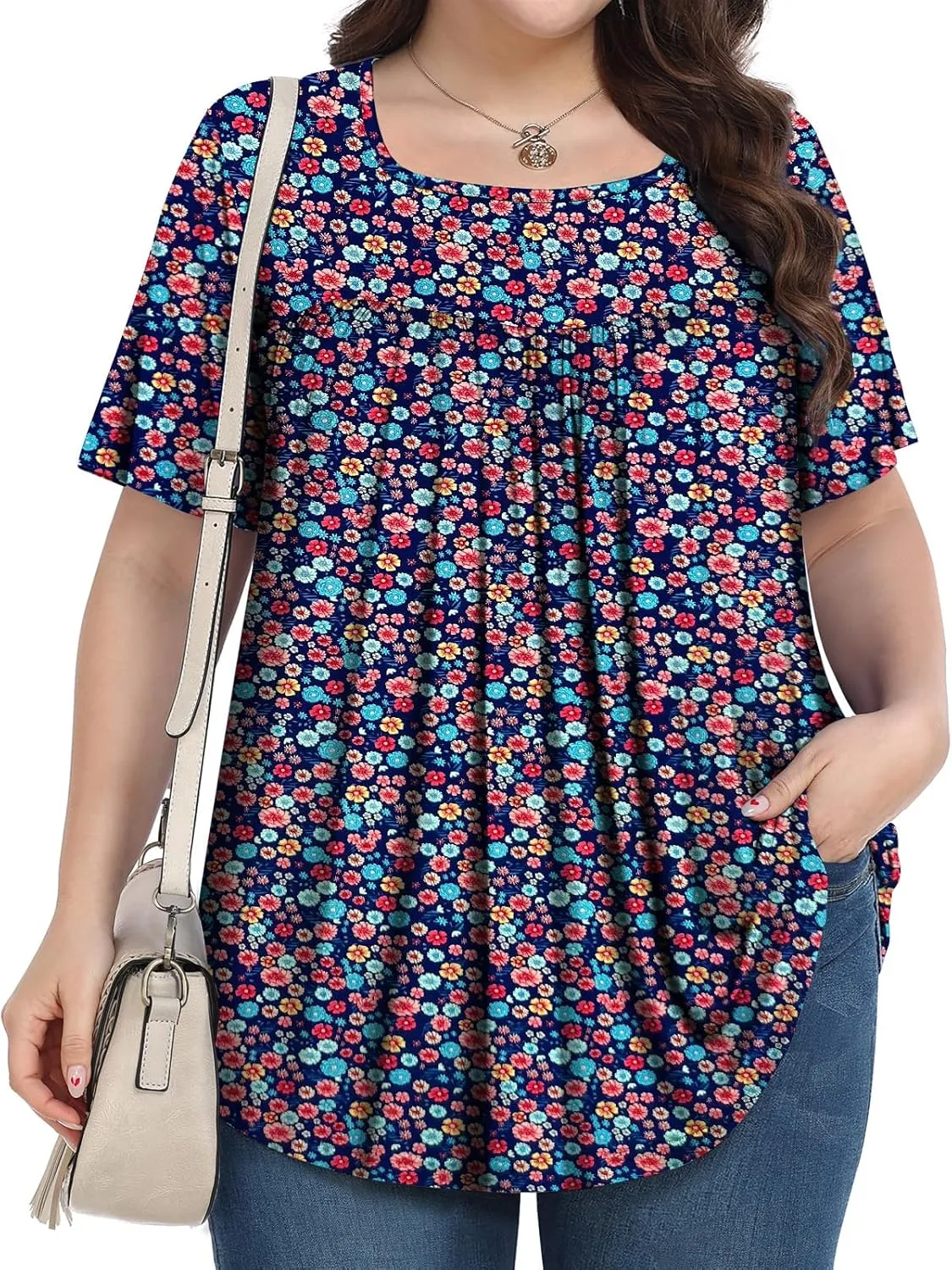Plus Size Tops for Women Summer 2025 Short Sleeve Shirts Tunics Square Neck Casual Loose Blouses 1X-5X