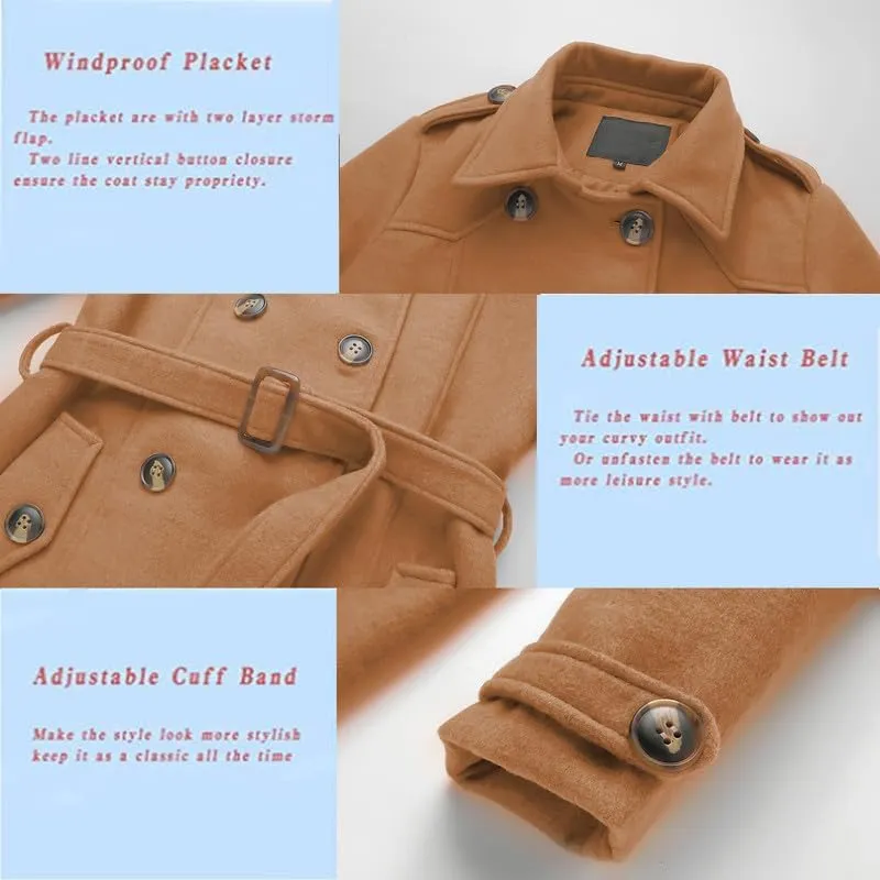 Rasujie Womens Pea Coat Double Breasted Wool Coat Long Winter Trench Coat with Belt