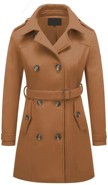 Rasujie Womens Pea Coat Double Breasted Wool Coat Long Winter Trench Coat with Belt