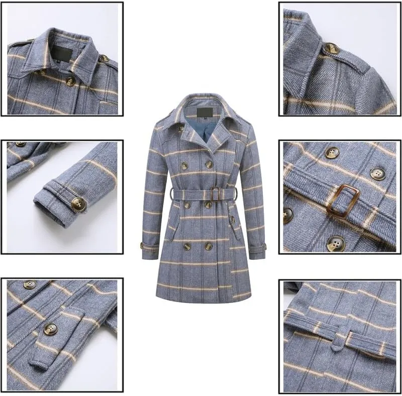 Rasujie Womens Pea Coat Double Breasted Wool Coat Long Winter Trench Coat with Belt