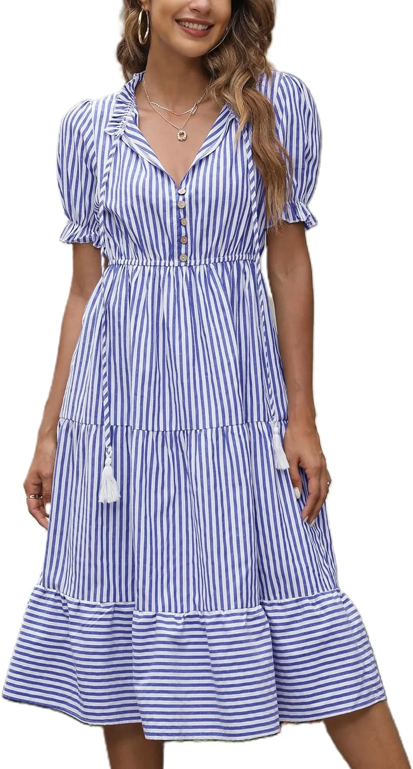 Sexyasasii Women's Summer Ruffle Puff Sleeve Dress Short Sleeve V Neck High Waist Casual Loose Striped Midi Dresses