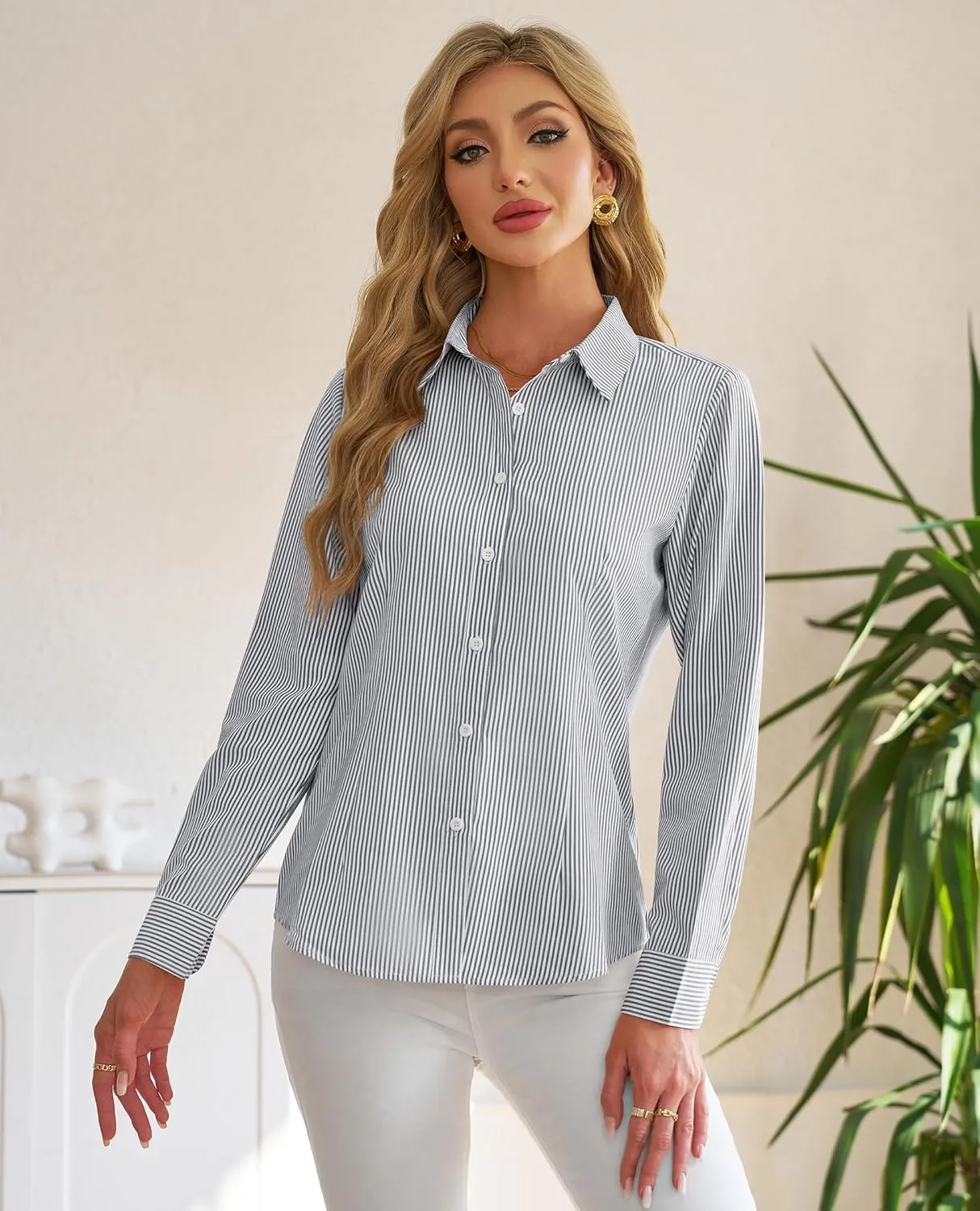 siliteelon Striped Button Down Shirts for Women Dress Shirts Long Sleeve Collared Casual Office Work Blouses Tops
