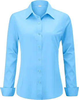 Soft Wrinkle-Free Women's Button Down Dress Shirts Solid Long Sleeve Work Blouses Fit Stretch Casual Tops XXS-4XL