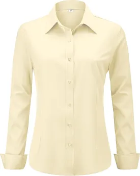 Soft Wrinkle-Free Women's Button Down Dress Shirts Solid Long Sleeve Work Blouses Fit Stretch Casual Tops XXS-4XL