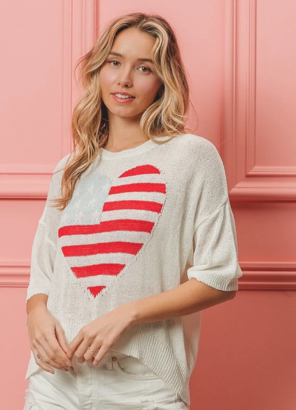 Striped Heart Contrast Knit Top