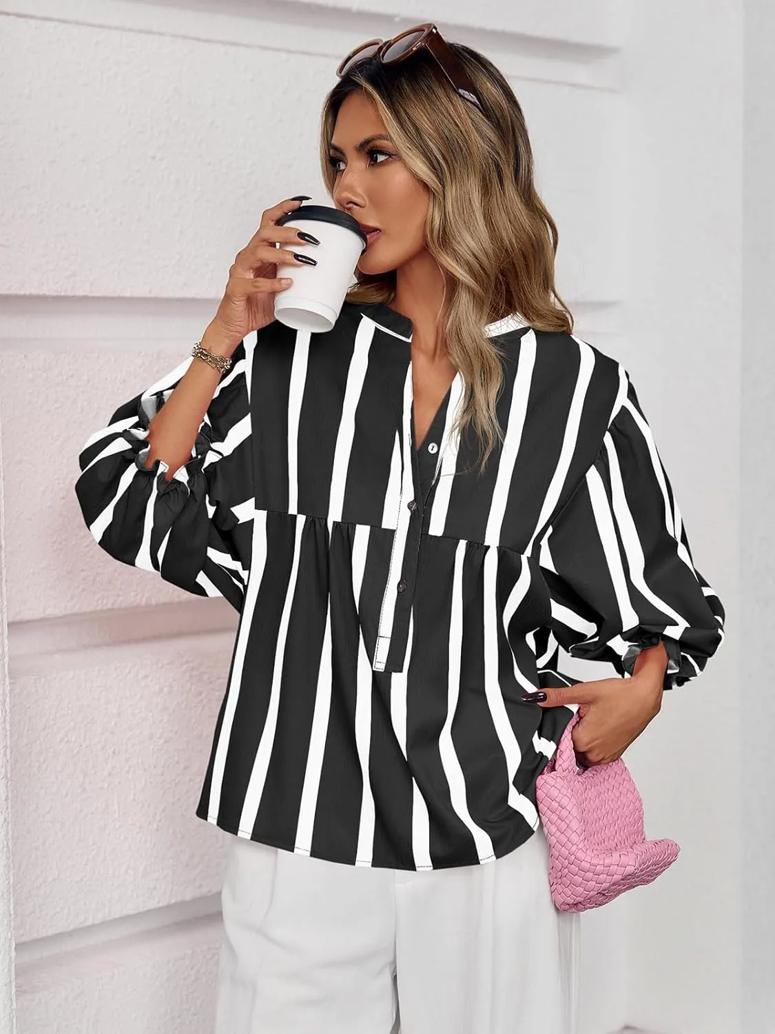 Tankaneo Womens Puff Sleeve Babydoll Tops Summer V Neck Striped Blouse Cute Casual Loose Fit Flowy Shirts