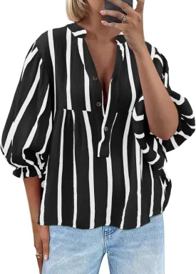 Tankaneo Womens Puff Sleeve Babydoll Tops Summer V Neck Striped Blouse Cute Casual Loose Fit Flowy Shirts
