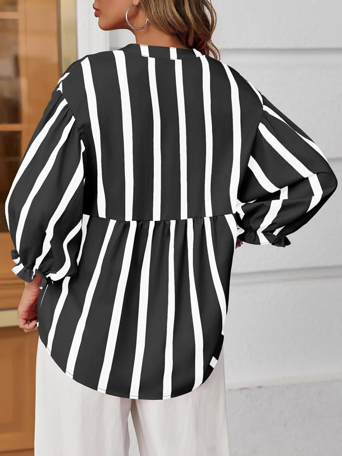 Tankaneo Womens Puff Sleeve Babydoll Tops Summer V Neck Striped Blouse Cute Casual Loose Fit Flowy Shirts