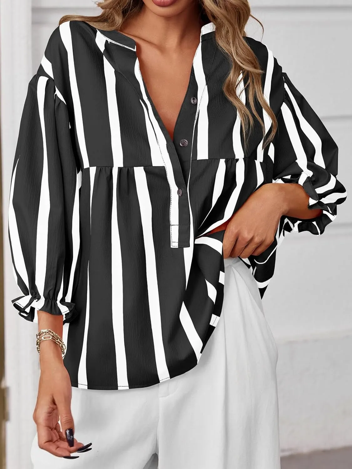 Tankaneo Womens Puff Sleeve Babydoll Tops Summer V Neck Striped Blouse Cute Casual Loose Fit Flowy Shirts