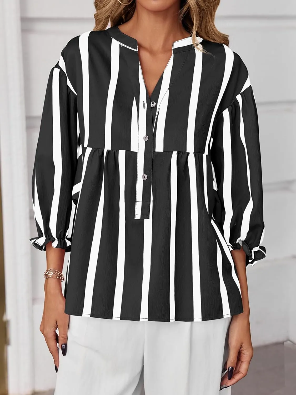 Tankaneo Womens Puff Sleeve Babydoll Tops Summer V Neck Striped Blouse Cute Casual Loose Fit Flowy Shirts