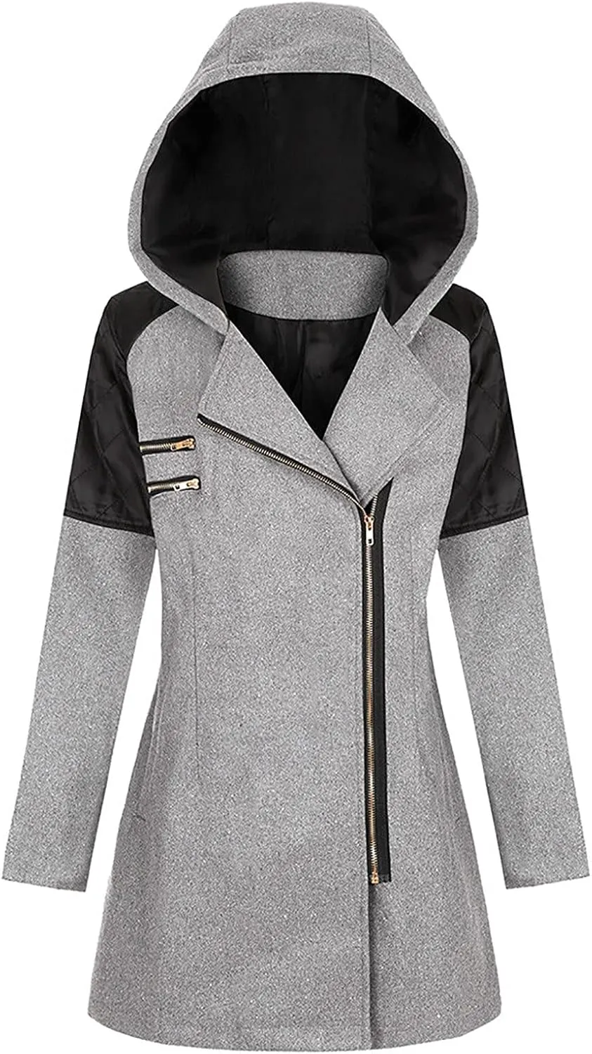 Winter Trench Coat Women Lapel Double Breasted Wool Blend Pea Coats Fashion Plaid Hooded Long Jacket with Belted