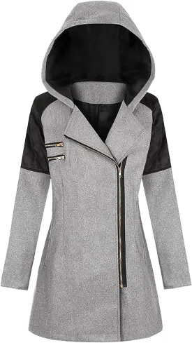 Winter Trench Coat Women Lapel Double Breasted Wool Blend Pea Coats Fashion Plaid Hooded Long Jacket with Belted