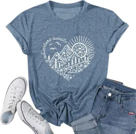 Women Adventure Awaits Outdoor Graphic Tee Shirt Kindness Heart Printed Hike Mountain Nature Travel Shirt Workout Tops