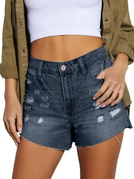 Women Mid Rise Ripped Jean Shorts Casual Stretchy Denim Shorts Frayed Raw Hem