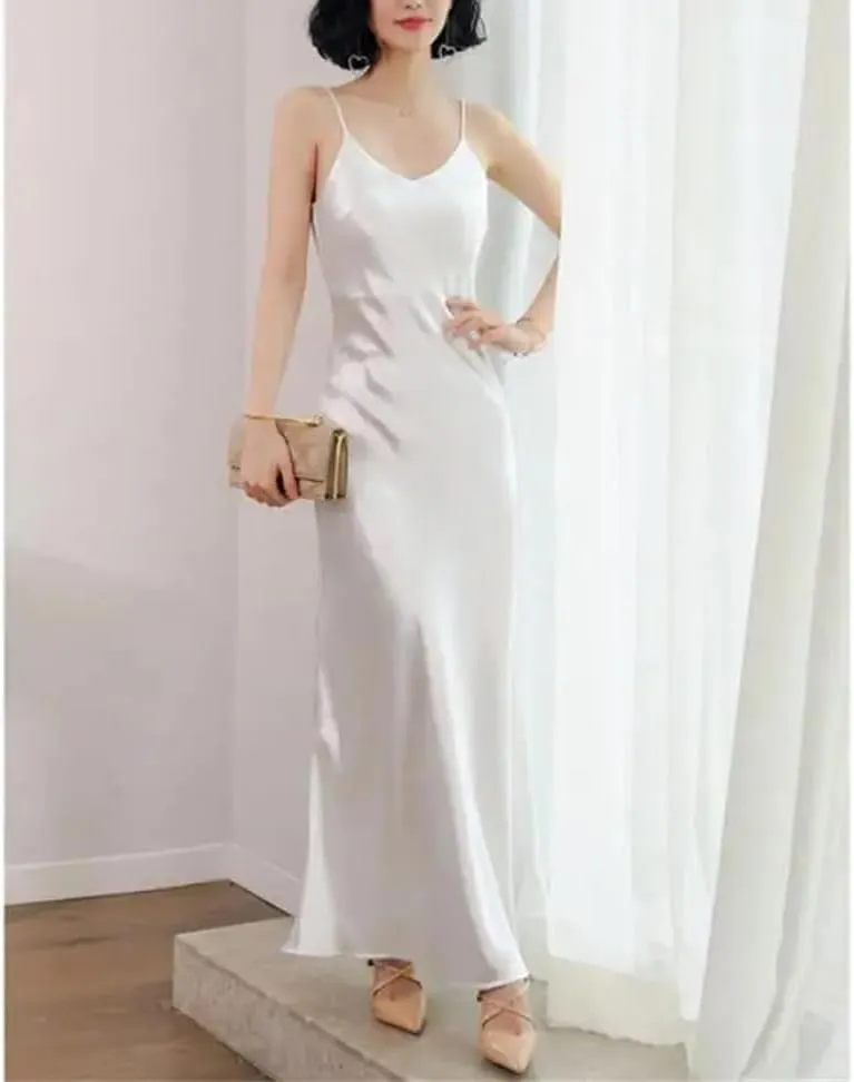 Women Slip Dress Satin Sleeveless V-Neck Solid Silk Elegant Vintage Summer Long Spaghetti Strap Dresses
