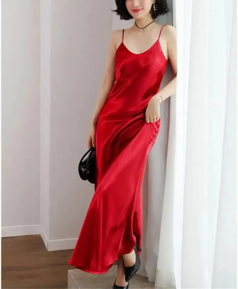 Women Slip Dress Satin Sleeveless V-Neck Solid Silk Elegant Vintage Summer Long Spaghetti Strap Dresses