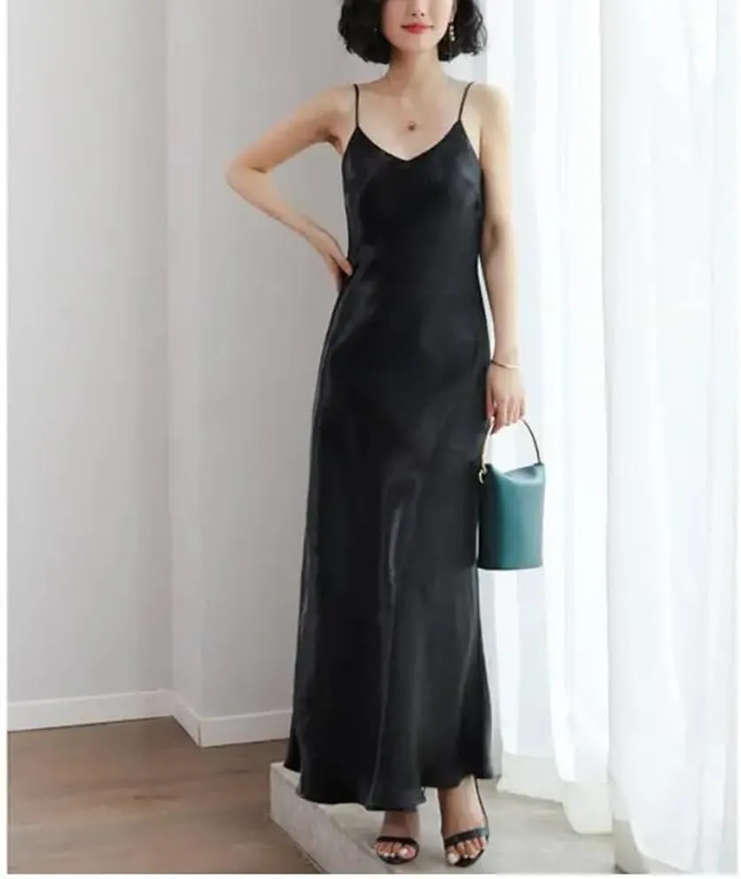 Women Slip Dress Satin Sleeveless V-Neck Solid Silk Elegant Vintage Summer Long Spaghetti Strap Dresses