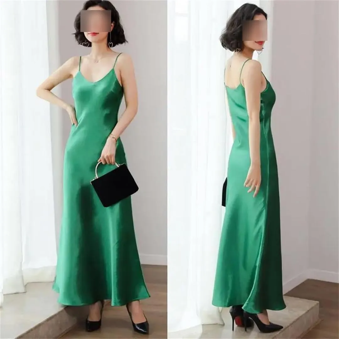 Women Slip Dress Satin Sleeveless V-Neck Solid Silk Elegant Vintage Summer Long Spaghetti Strap Dresses