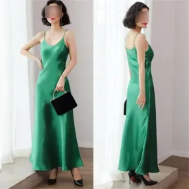 Women Slip Dress Satin Sleeveless V-Neck Solid Silk Elegant Vintage Summer Long Spaghetti Strap Dresses
