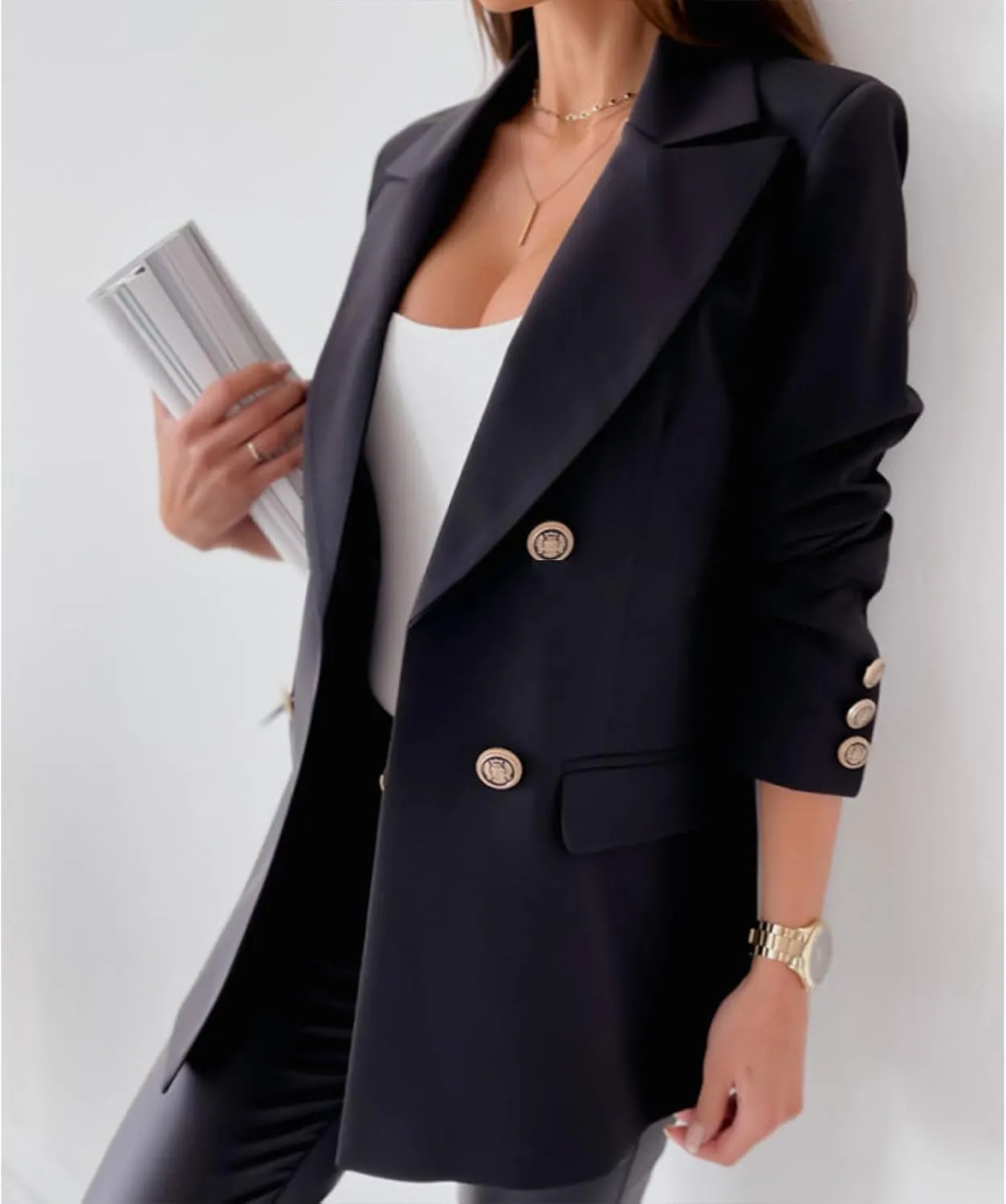 Womens Casual Blazer Jacket Double Breasted Long Sleeve Work Office Blazer Lapel Open Front Jacket Coat for Women