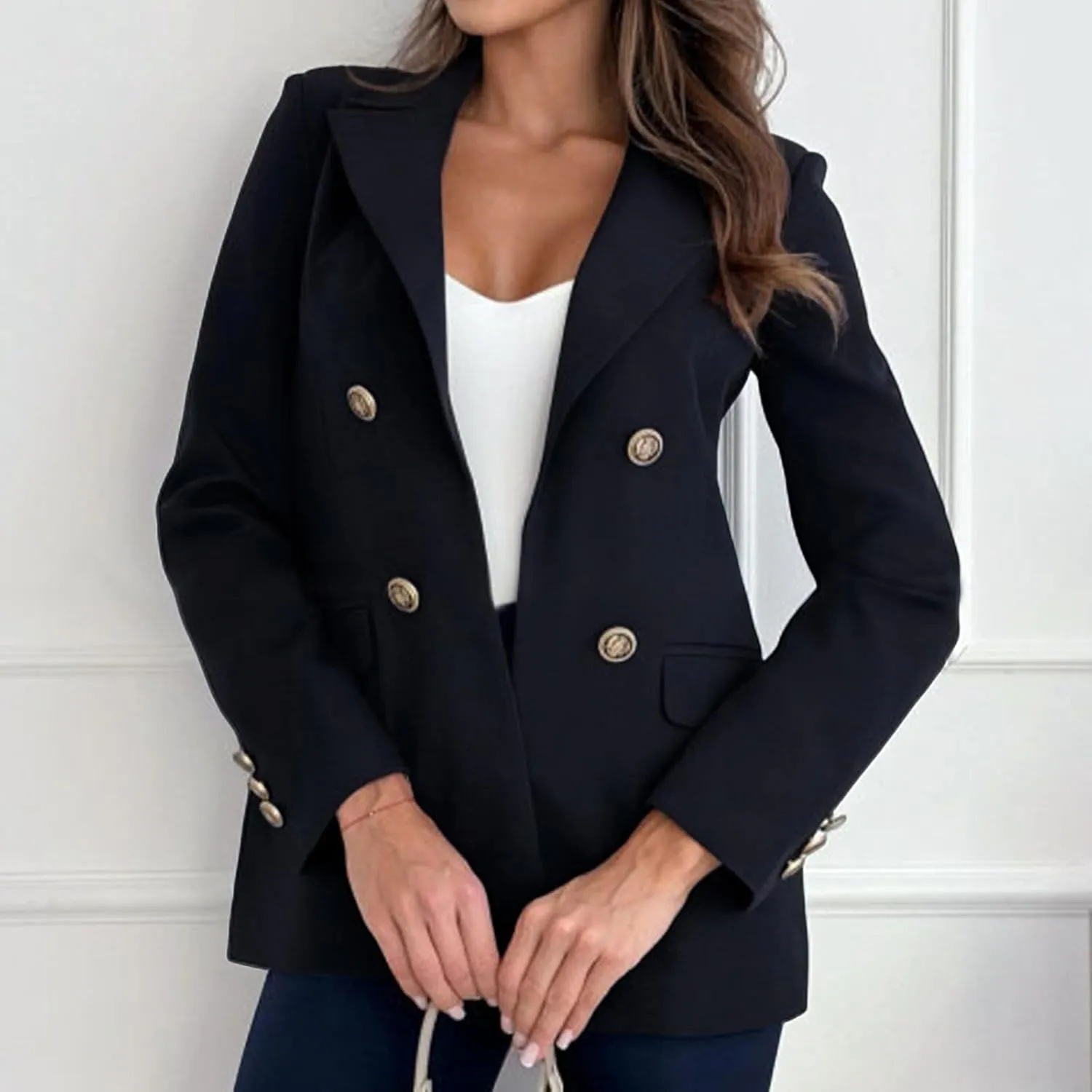 Womens Casual Blazer Jacket Double Breasted Long Sleeve Work Office Blazer Lapel Open Front Jacket Coat for Women