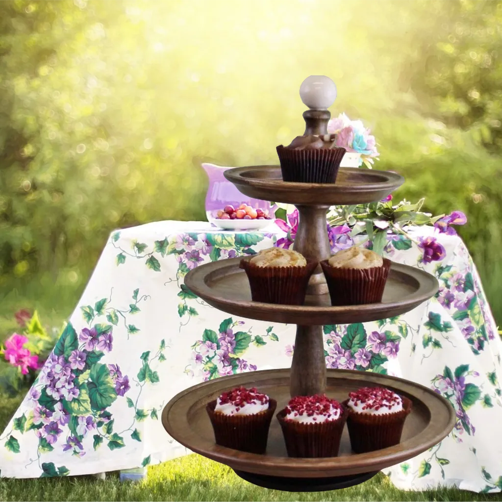 Wooden Cake Stand - Country Cottage - 3 Tier Mango Wood Afternoon Tea Stand