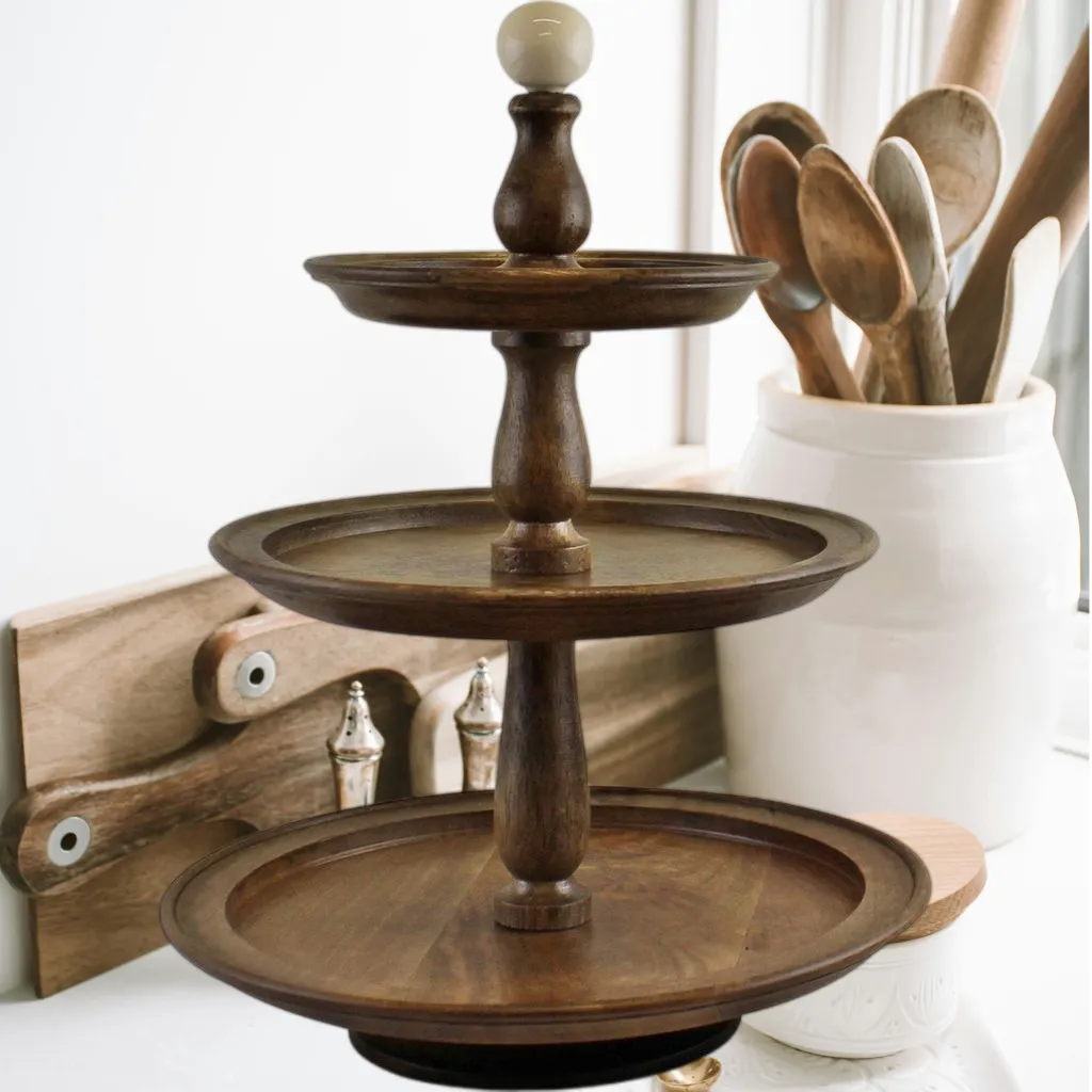 Wooden Cake Stand - Country Cottage - 3 Tier Mango Wood Afternoon Tea Stand