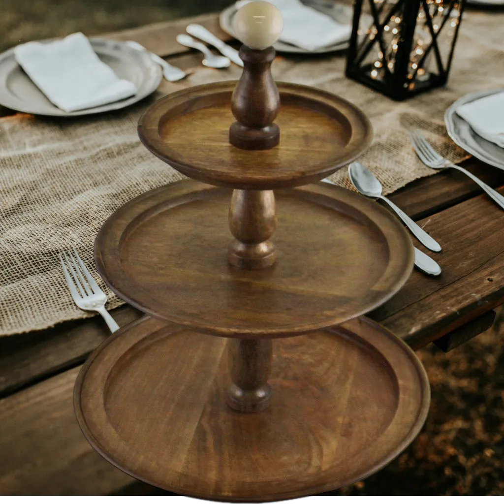 Wooden Cake Stand - Country Cottage - 3 Tier Mango Wood Afternoon Tea Stand