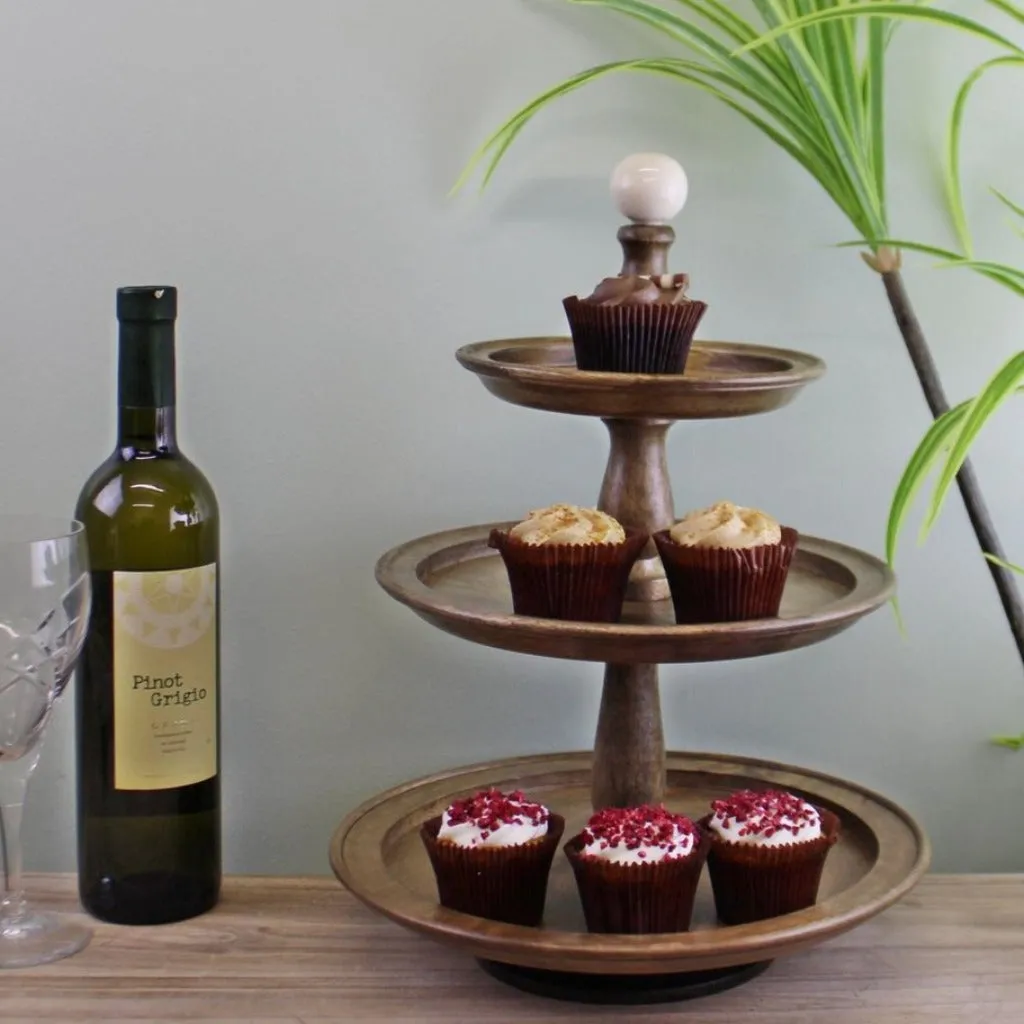 Wooden Cake Stand - Country Cottage - 3 Tier Mango Wood Afternoon Tea Stand