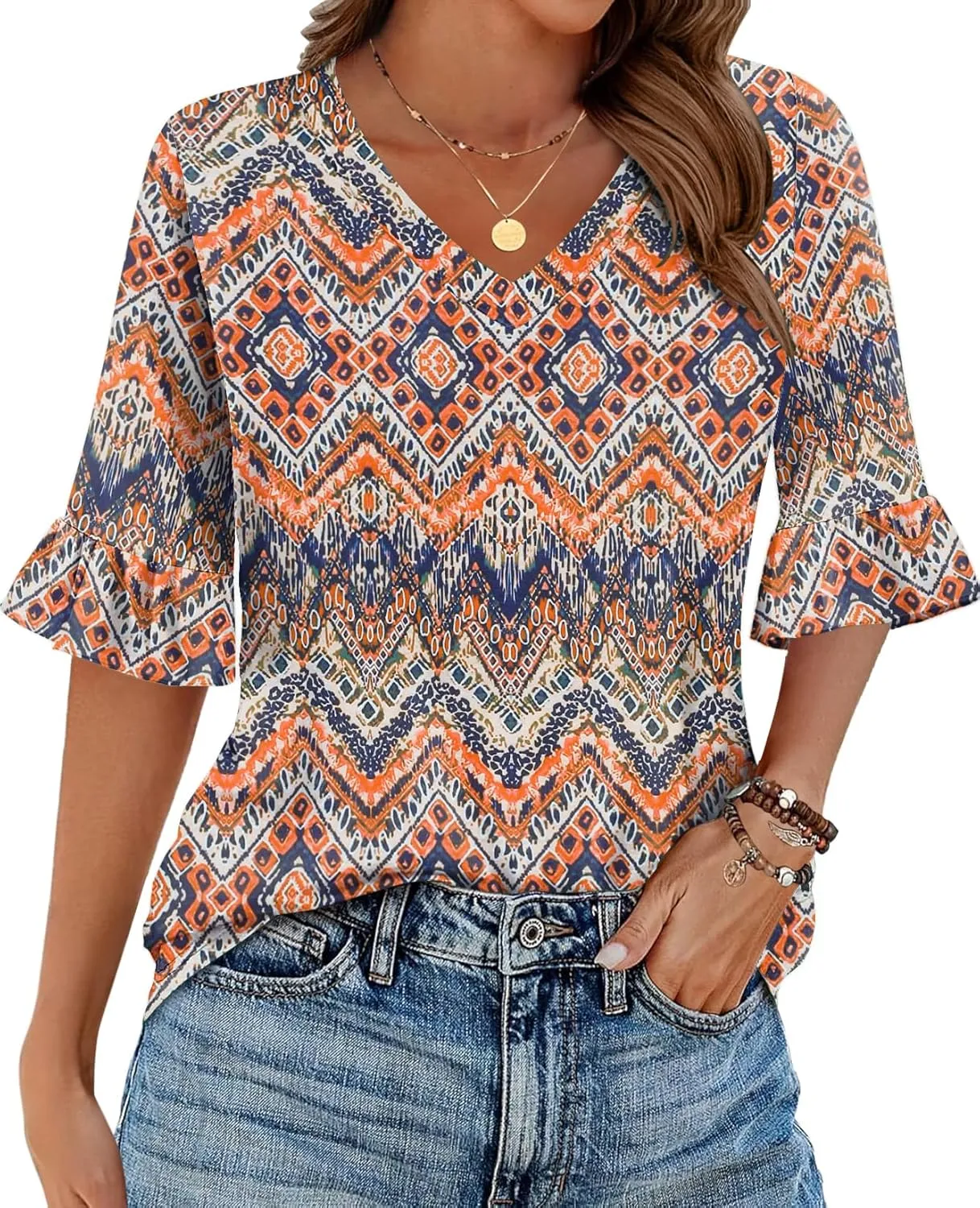 Zeagoo Womens Tops Casual V Neck Shirts Floral Solid Blouse Ruffle Tunics 3/4 Sleeve Tshirt S-XXL