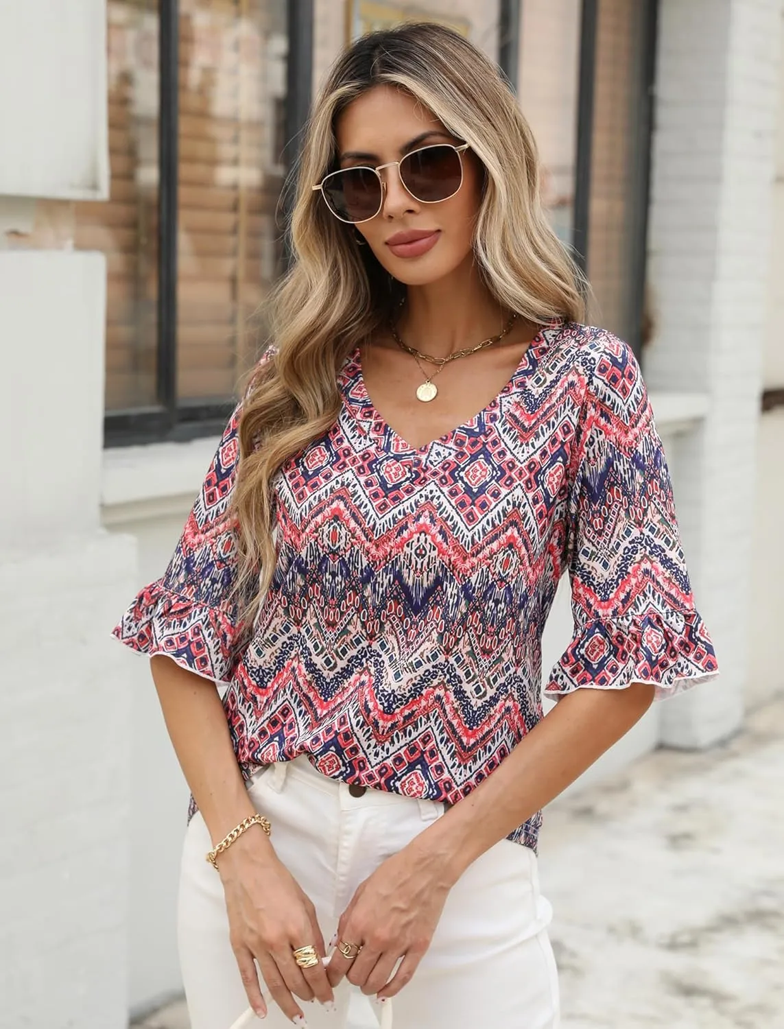 Zeagoo Womens Tops Casual V Neck Shirts Floral Solid Blouse Ruffle Tunics 3/4 Sleeve Tshirt S-XXL