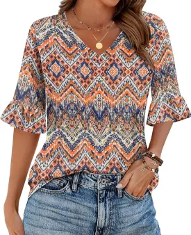 Zeagoo Womens Tops Casual V Neck Shirts Floral Solid Blouse Ruffle Tunics 3/4 Sleeve Tshirt S-XXL