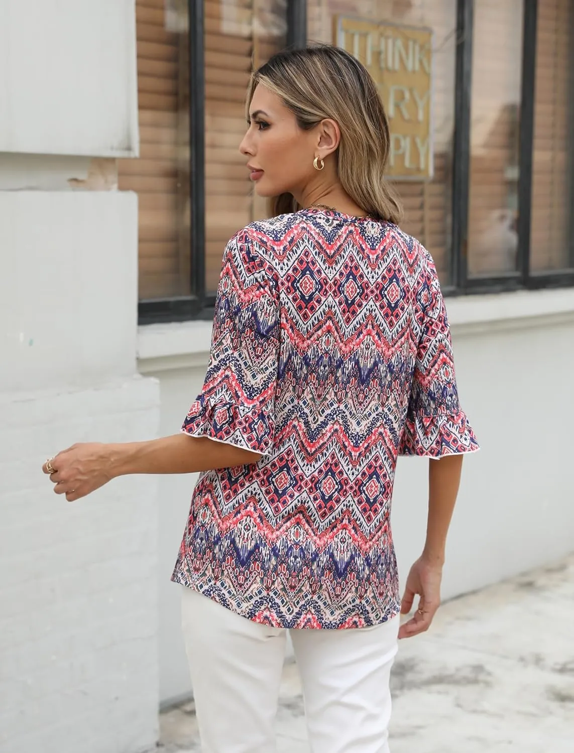 Zeagoo Womens Tops Casual V Neck Shirts Floral Solid Blouse Ruffle Tunics 3/4 Sleeve Tshirt S-XXL